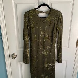 Sincerely Jules Olive Green Floral Long Sleeve Dress Open Back Size XL